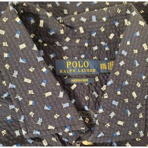 Polo Ralph Lauren Shirt Mens 2XL Blue Button Up Geometric Logo Seersucker Preppy